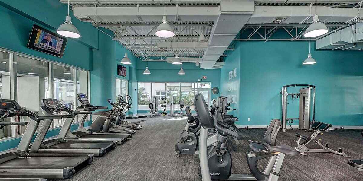 work out machines are placed in a classic gym interior featuring with sea green wall paint and gray carpet flooring