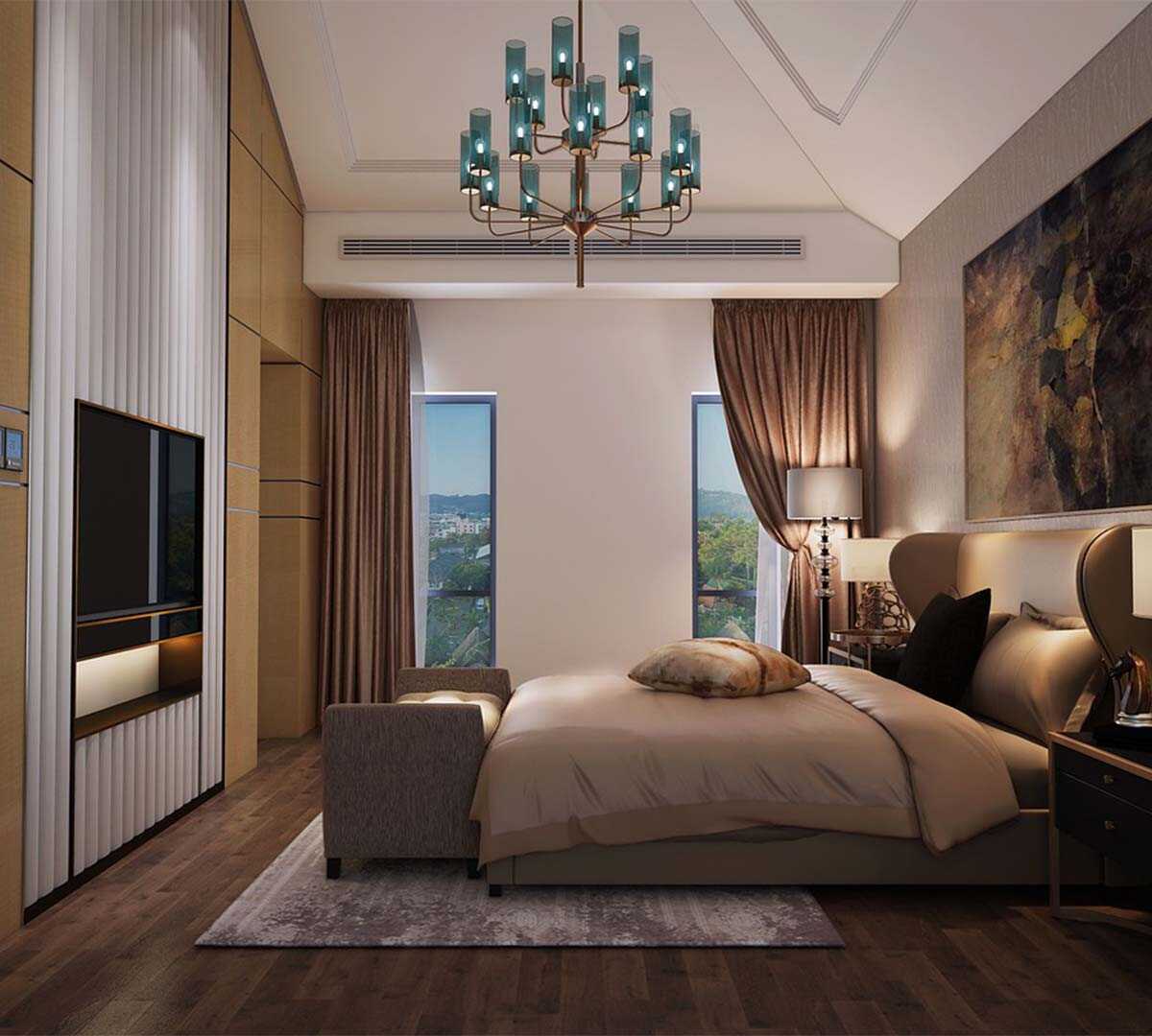 Modern bedroom design model with wooden floor and TV fixed on the wall infront of stylish bed