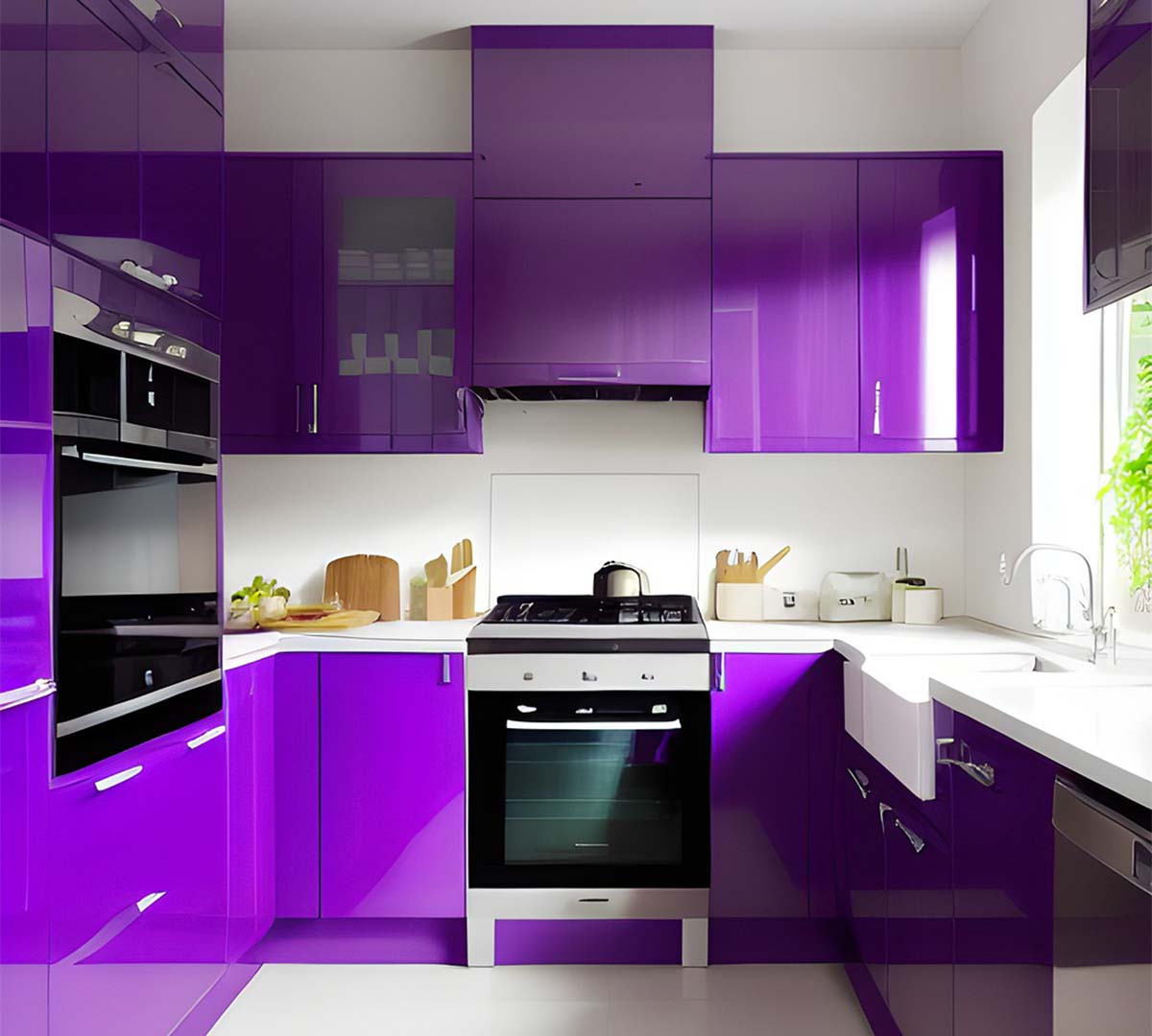 Modern kitchen interior design with purple cabinets and white countertops