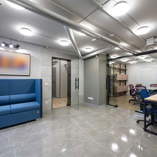 Modern office floor design with gray shiny tiling